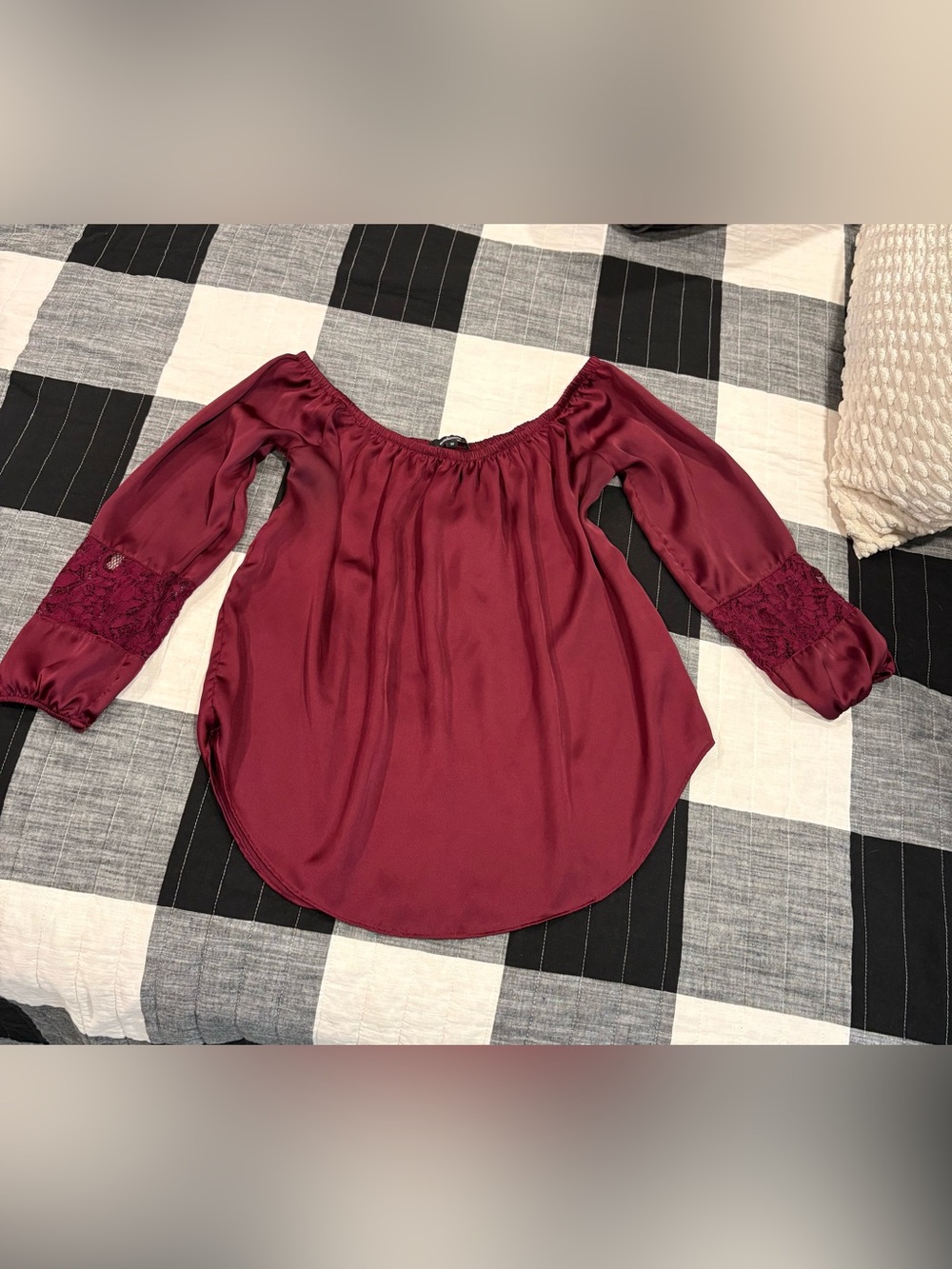Ambiance Burgundy Off-Shoulder Blouse with Lace Cuff Detail